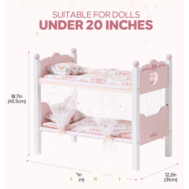 ROBUD Pink Princess Bunk Bed, Doll Bed Set w Curtain, 22.2"x18.7"x12.2" - WRP35
