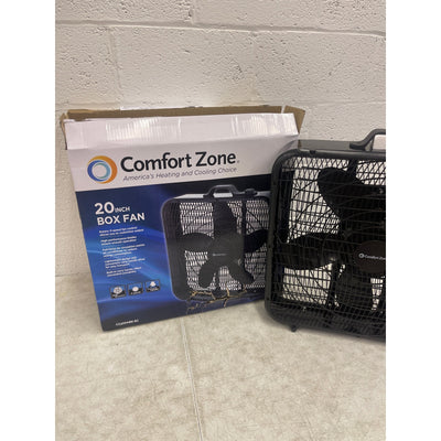 Comfort Zone Box Fan w Carry Handle, 20 inch, 3 Speed Air Circulation DAMAGED