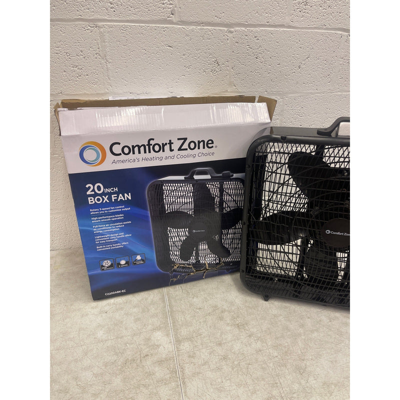 Comfort Zone Box Fan w Carry Handle, 20 inch, 3 Speed Air Circulation DAMAGED