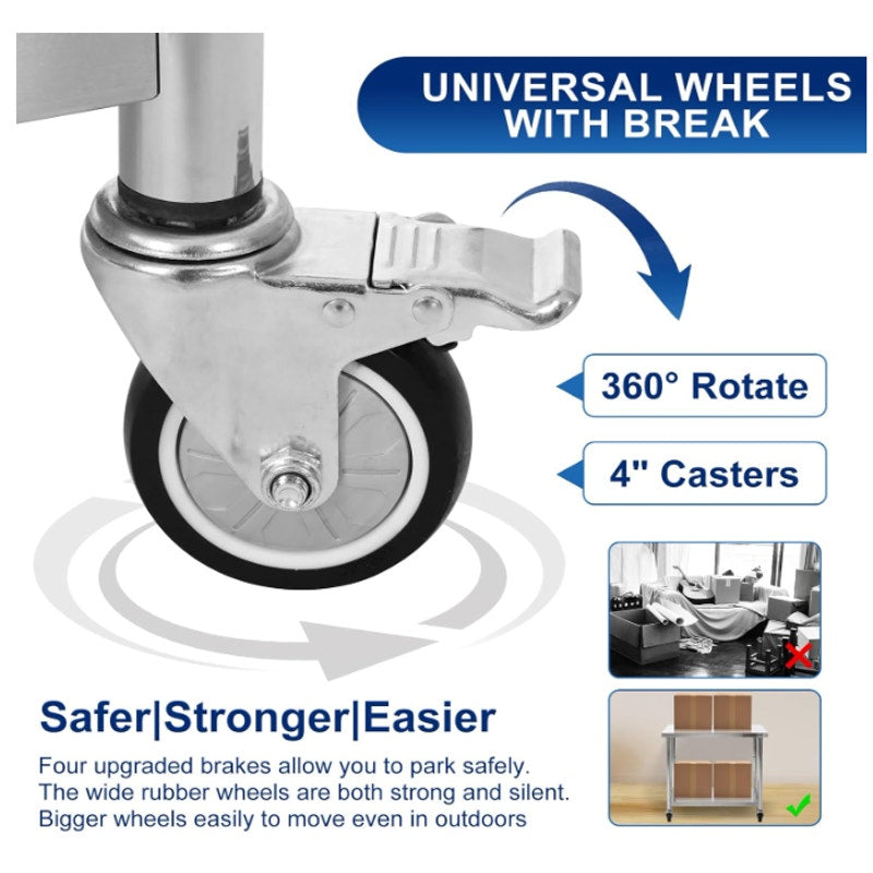 ELSKHUGI Stainless Steel Prep and Work Table 36" x 24" w Wheels & Bottom Shelf