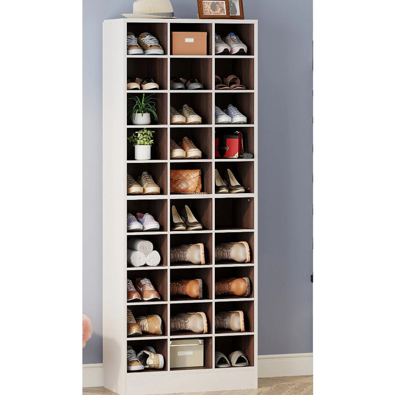 Tribesigns - 10-Tier Shoe Cabinet, Wooden Shoe Storage Rack w 30 Cubbies White