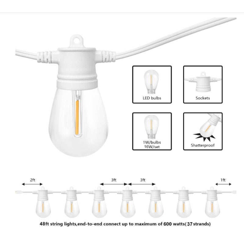 16 LED Bulbs White String Lights, 48ft White Outdoor Lights with 1W Shatterproof