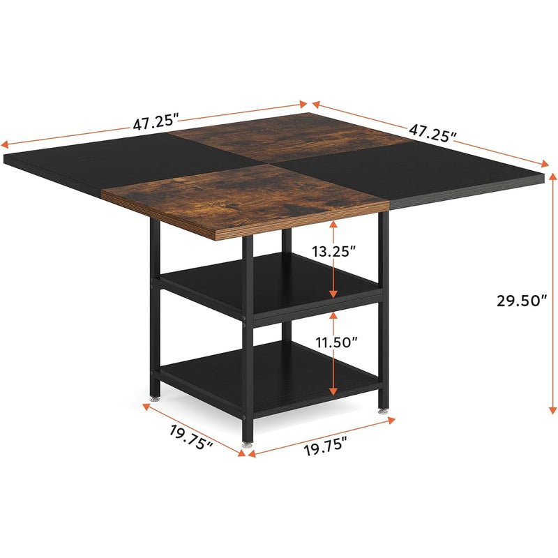 Tribesigns Square Dining Table 47" Kitchen Dinner Table, 2-Shelf, Brown/Black