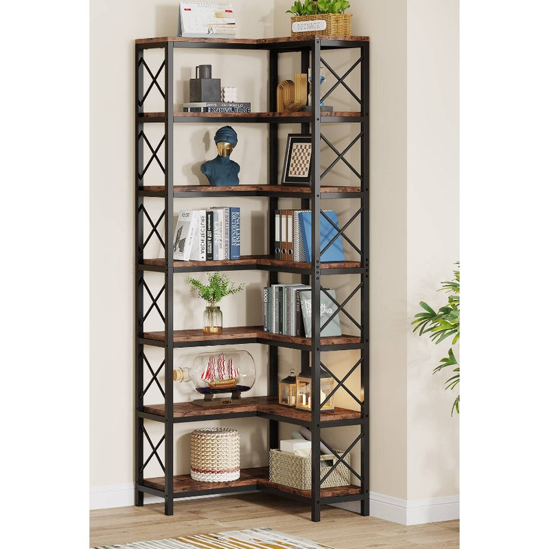 Tribesigns Corner Bookshelf 7-Tier Bookcase Storage Display Rack Rustic, Brown