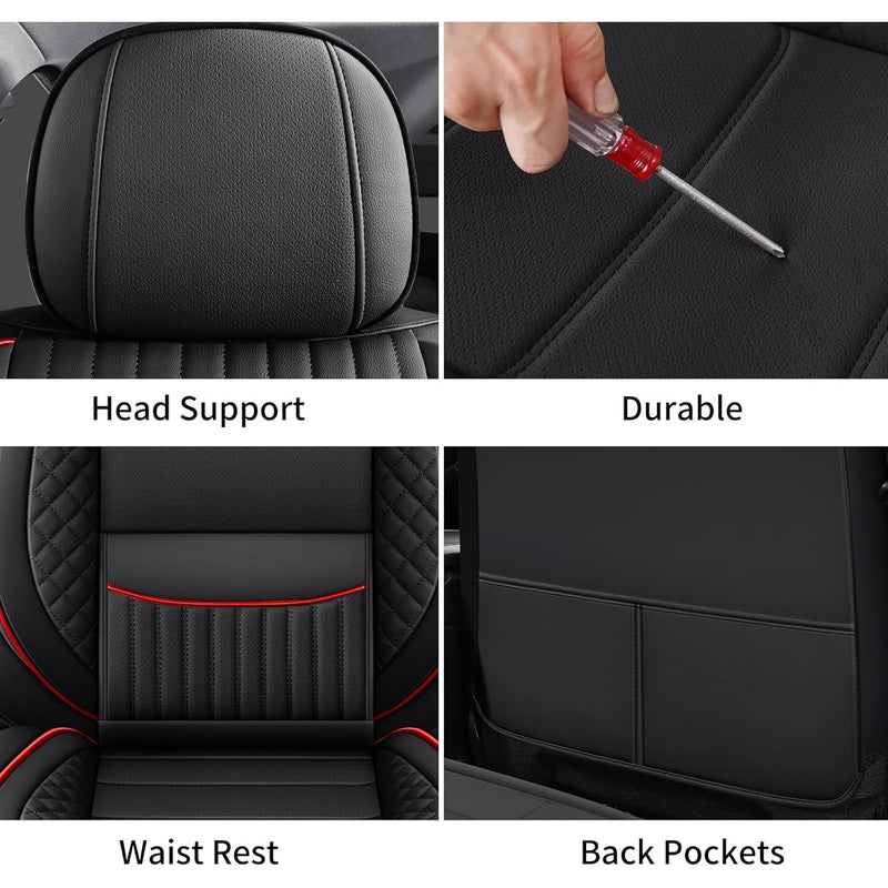 Chezope Full Set Leather Seat Covers Universal Fit for Most Vehicles - Black/Red