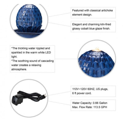 Glitzhome 35.75"H Artichoke Pedestal Ceramic Fountain, Oversized, Cobalt Blue