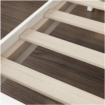 Queen Platform Bed with White Wood Frame, Upholstered Headboard, Gold Edged Panels