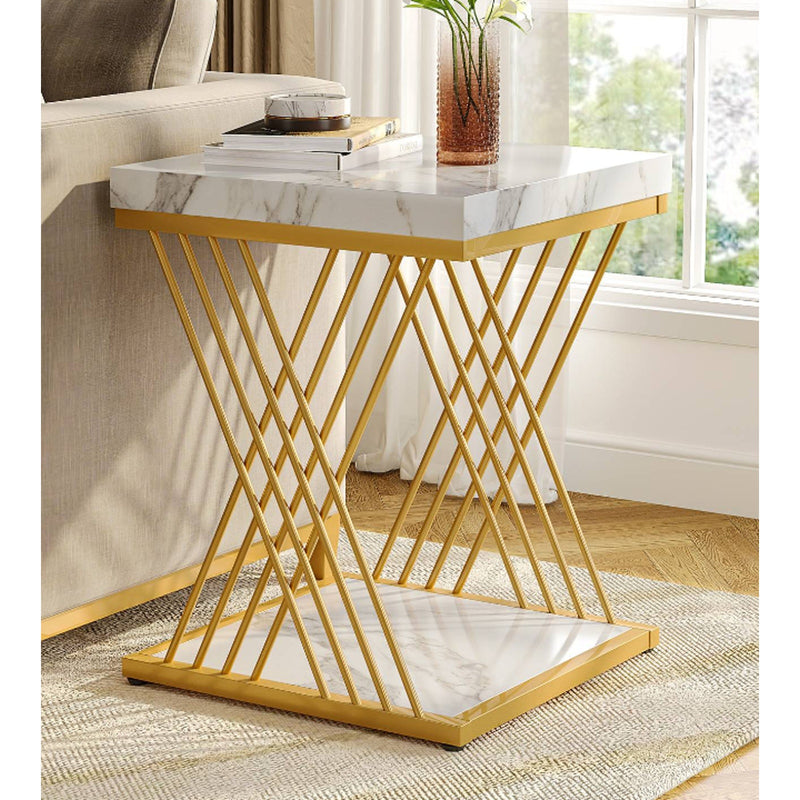Tribesigns Square End Table 2-Tier Side Table Modern Bedside Table White / Gold