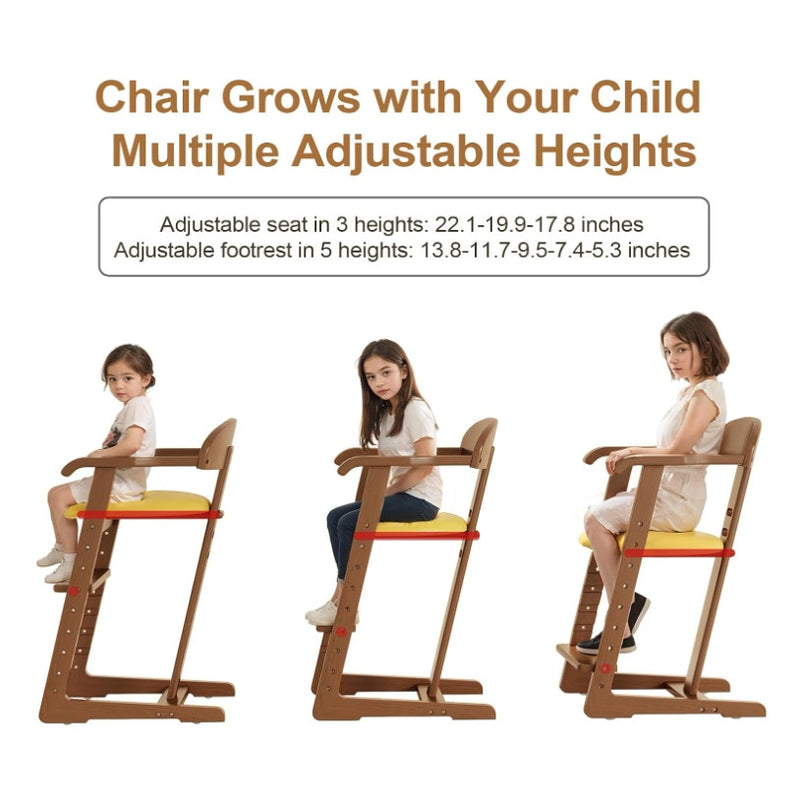 Wooden High Chair Adjustable Height Easy to Clean Highchair Dark Brown/Yellow