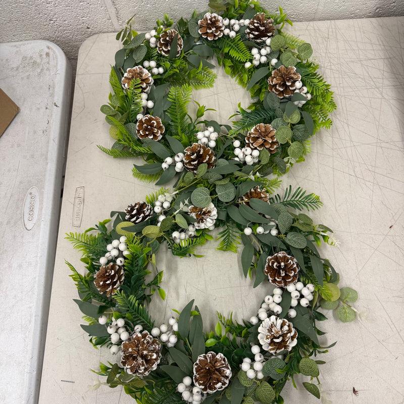 (Set-of-2) 14" Classic Artificial Holiday Wreaths w/ White Berries & Pine Cones