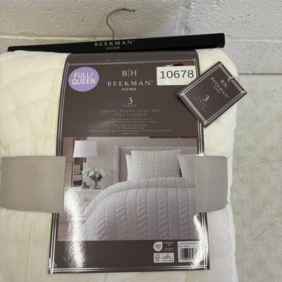 Beekman Home Full/Queen Quilt Set 2 Pillow Shams Plush, Stitching Design - White