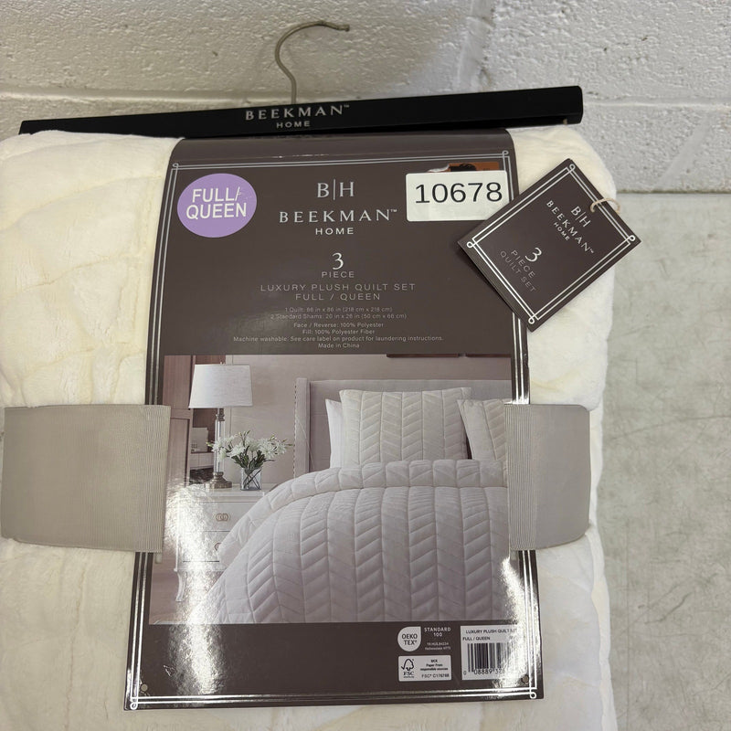 Beekman Home Full/Queen Quilt Set 2 Pillow Shams Plush, Stitching Design - White