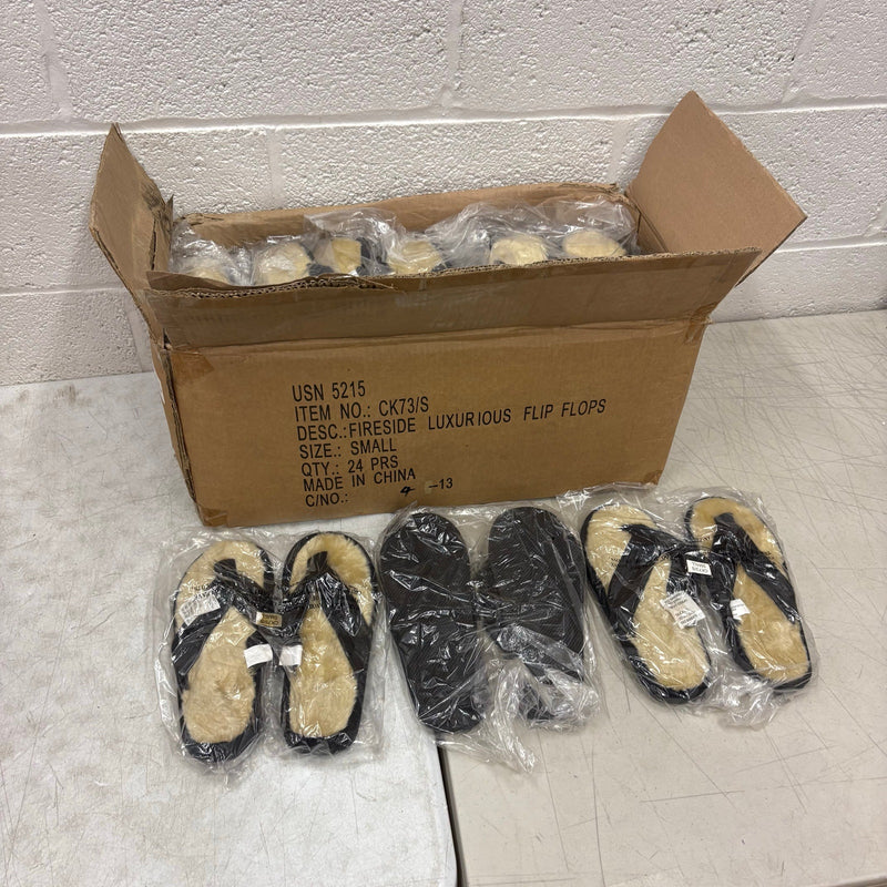 LOT-OF-24 Fireside Flip Flops SMALL, Fur Lining, Rubber Bottom - Black / Tan