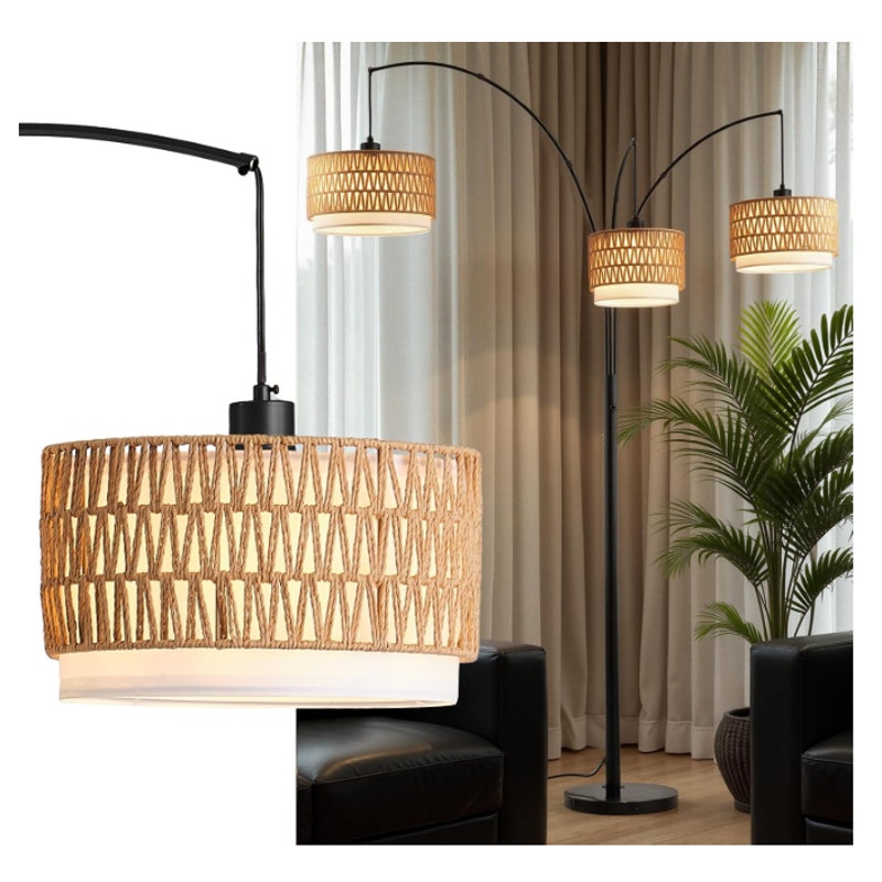 80" Floor Lamp Boho w Rotary Switch, 3 Lights Arc Lamp w Wicker Shade - Black