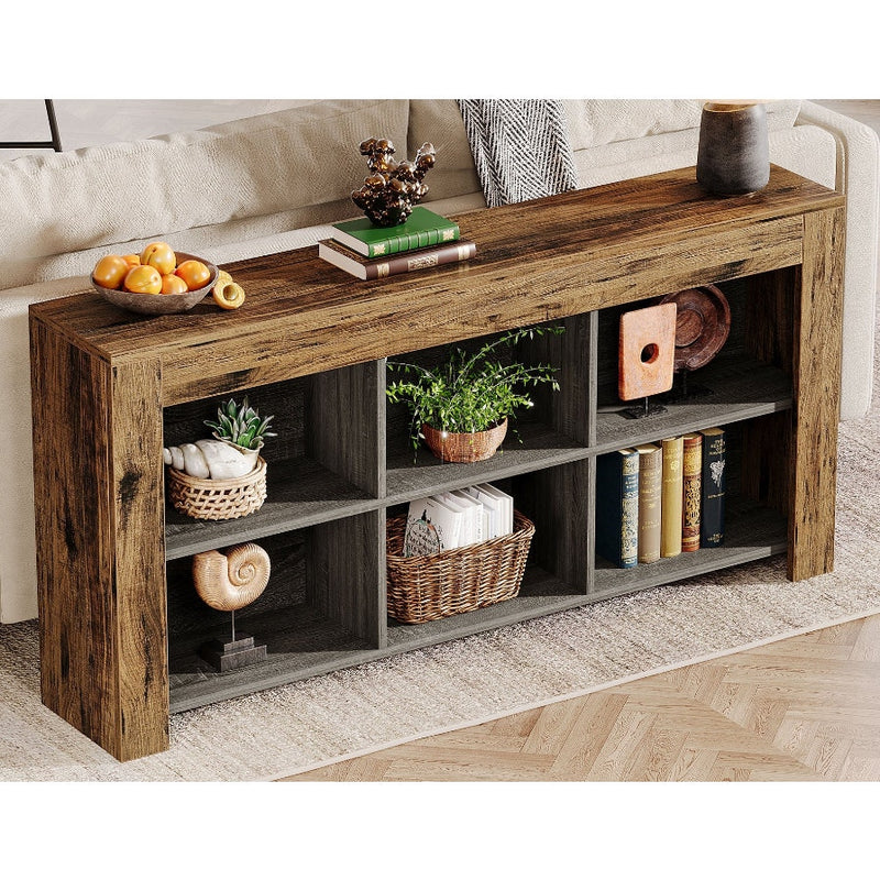 Tribesigns Wood Sofa Table Rustic Console Entryway Table, 6 Storage Cubes, Brown