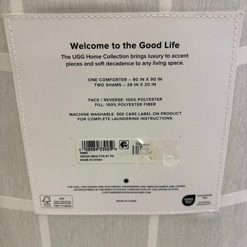 UGG Devon Queen Comforter Set w 2 Shams, Soft Bedding, Square Design - Gray