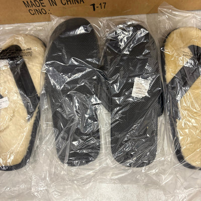 LOT-OF-24 Fireside Flip Flops LARGE, Fur Lining, Rubber Bottom - Black / Tan