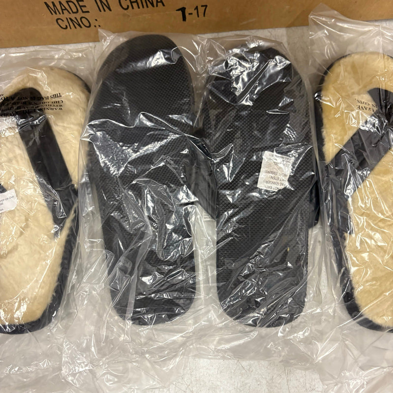 LOT-OF-24 Fireside Flip Flops LARGE, Fur Lining, Rubber Bottom - Black / Tan
