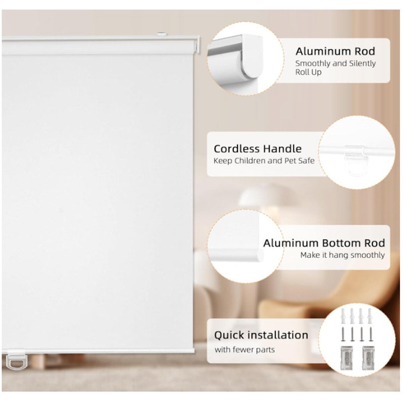 ChrisDowa Cordless Blackout Roller Shades for Windows 24" W x 72" H, White