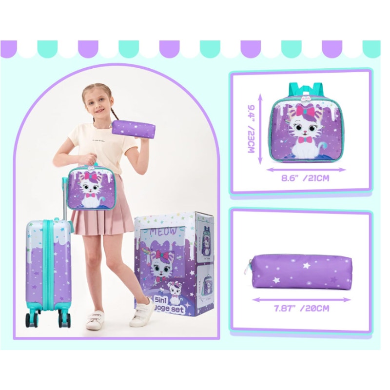 Inprof Cute Cat Kid’s Luggage Set 5-Piece Suitcase Set 16’’ Hardside Luggage