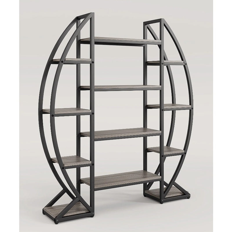 Tribesigns Industrial Bookshelf Oval Triple Wide Bookcase Display Shelves Gray