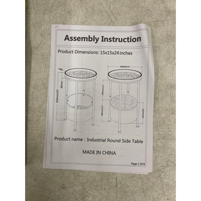 Industrial Round Side Table 15 x 15 x 24 Inches Marble 2 tier, White - Furniture