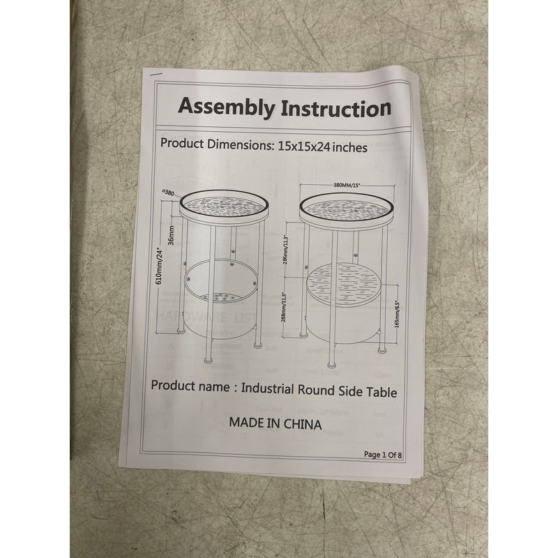 Industrial Round Side Table 15 x 15 x 24 Inches Marble 2 tier, White - Furniture