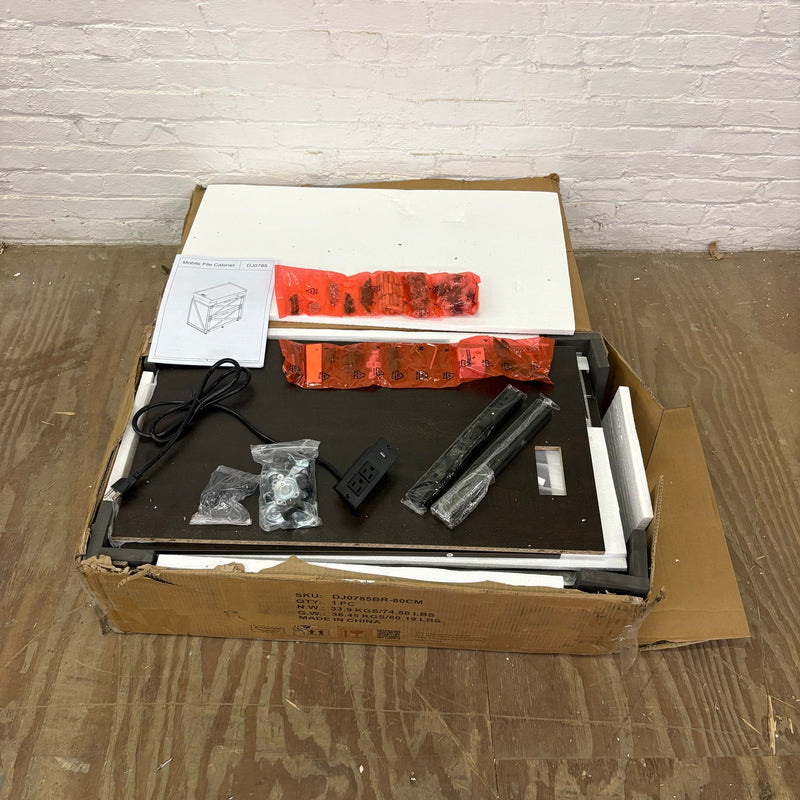 Mobile File Cabinet w Wheels, Power Outlet, 2 Drawers, USB-C & USB Outlet, Brown