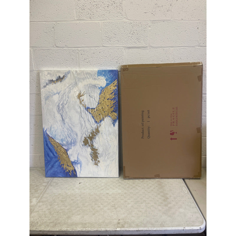 Pieza de arte abstracta para colgar en la pared, azul, blanco y dorado, impresa en 40" x 28"