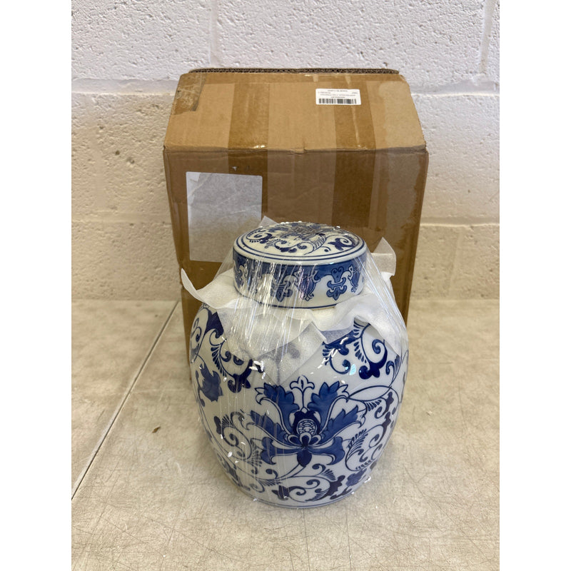 XINGYAN Exquisite Handmade Round Blue/White Porcelain Jar w Lid, Kitchen Storage