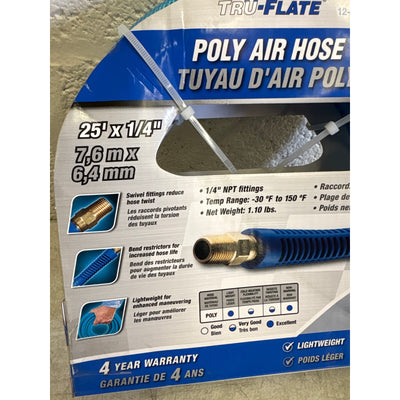 Tru Flate 25' x 1/4" Poly Air Hose, -30 F - 150 F, 300 PSI, Lightweight, 12-25E