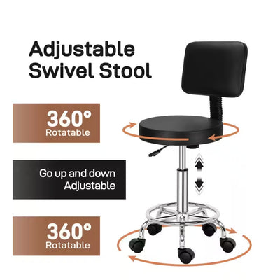 Black PU Leather Adjustable Chair / Swivel Stool, Removable Backrest, Black