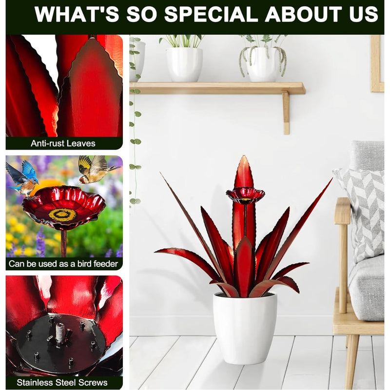 Flyvole Metal Agave Plant Outdoor Yard Decoration with Bird Feeder (Red)