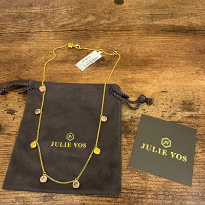 Julie Vos Rainbow Delicate Charm Necklace, 24K Gold Plated, Adjustable Pink Dawn