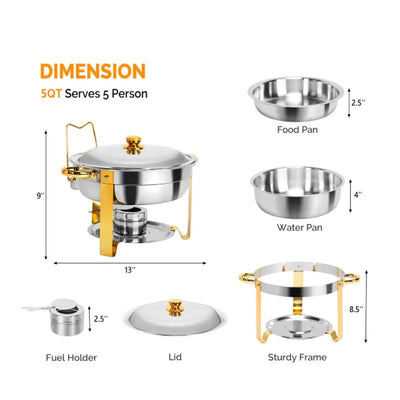 Set of 2 ROVSUN 5-QT Round Gold Chafing Dish Set w Stainless Steel Lid & Holder