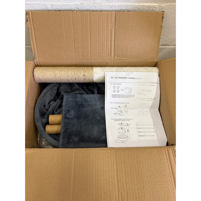 Small Cat Tower with Dangling Ball, Scratching Post, Perches, Cave, & Bed - Gray