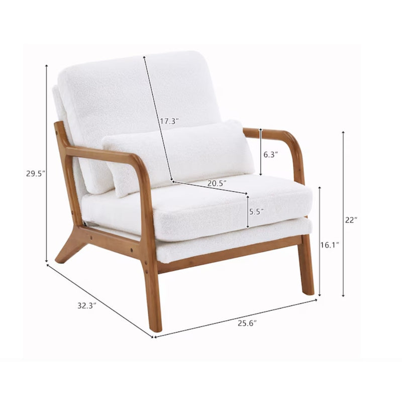 VINGLI Modern Accent Chair Brown Rubber Wood Frame & Lumbar Pillow - Fuzzy White