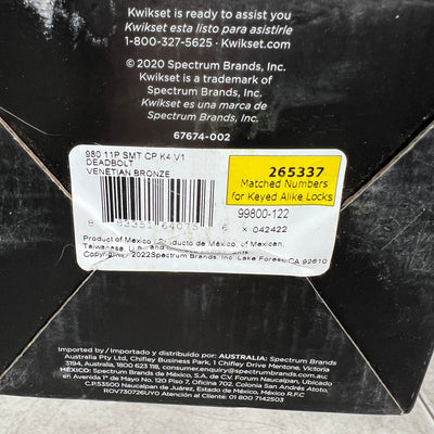 Kwikset Single Cylinder Deadbolt w SmartKey Signature Series 980 Venetian Bronze