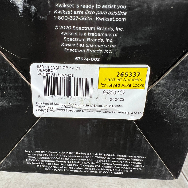 Kwikset Single Cylinder Deadbolt w SmartKey Signature Series 980 Venetian Bronze
