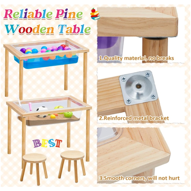 Briwooody 2-Sensory Tables w 4-Wooden Stools, Activity Tables for Sand and Water