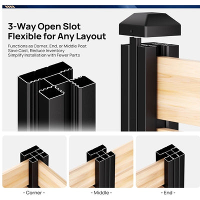 3 Pack 45" 3-Way Aluminum Fence Post, 1.8mm Thick Walls & 10mm Base - Black