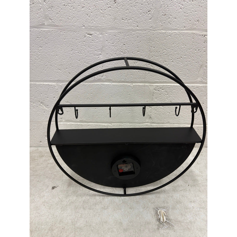 Dankeik Wall Clock & Shelf with 4 Hooks & Storage, 20-Inch Width, Black