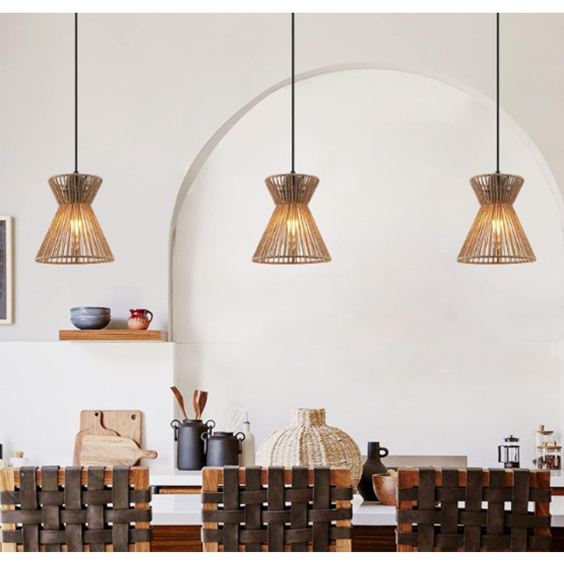 Hummingbird Woven Pendant Light, 7”Hanging Lamp Adjustable Pack of 3 - Tan