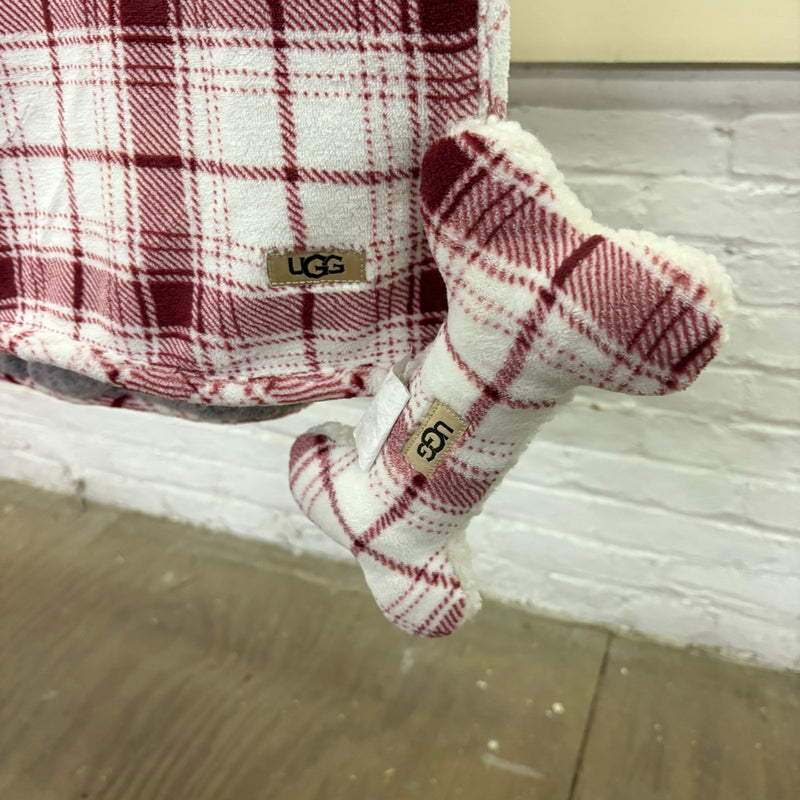 Ugg Dog Blanket w Bone Squeaky Toy 40"x50" Dual Sided Fluffy & Soft - Red Plaid