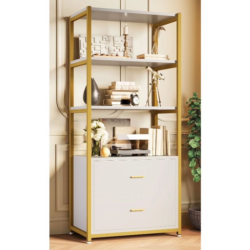 Tribesigns - 4-Tier Bookshelf Etagere Display Bookcase with 2 Drawers White/Gold