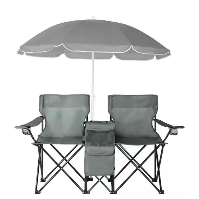 Portable 2-Person Folding Chair with Removable Umbrella, Center Storage - Gray
