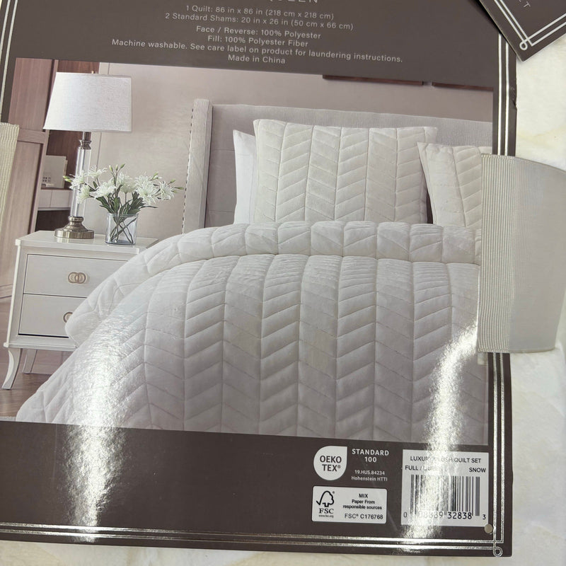 Beekman Home Full/Queen Quilt Set 2 Pillow Shams Plush, Stitching Design - White
