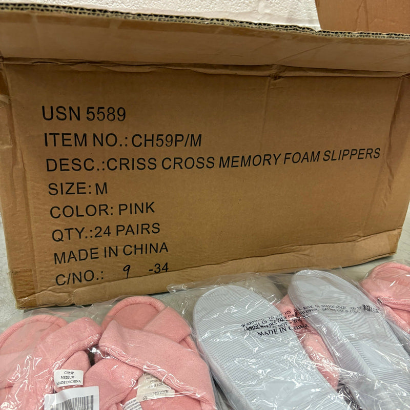 LOT-OF-24 Criss Cross Slippers MEDIUM, Memory Foam, Rubber Bottom - Pink / White