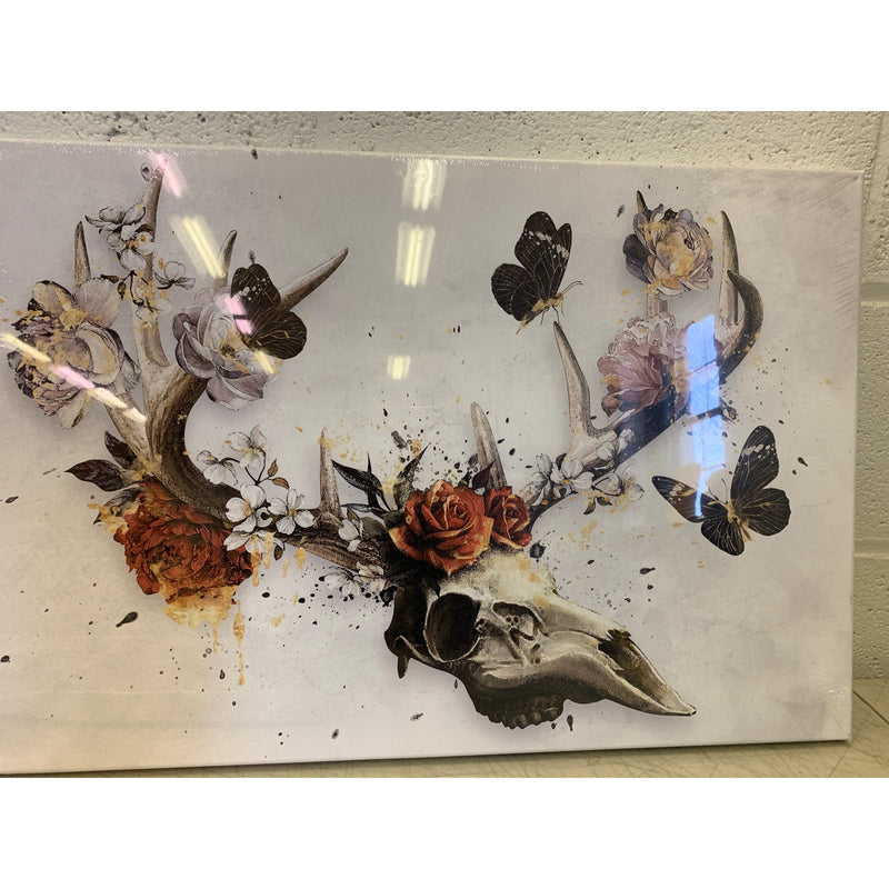 36" x 16" Sechars Deer Antler Wall Decor Elk Skull with Flower Painting, 3 Panel