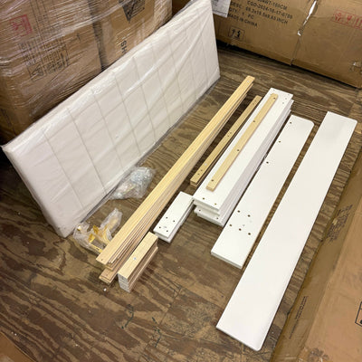 Queen Platform Bed with White Wood Frame, Upholstered Headboard, Gold Edged Panels